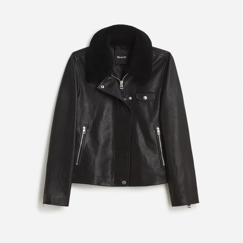 Madewell Sherpa-Collar Asymmetric Zip-Front Jacket In Leather In S , Xxl